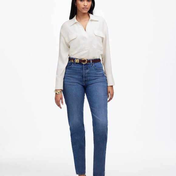 Madewell Contrast-Stitch Popover Shirt Women Small Winter White Crepe Blouse NWD - Picture 14 of 16